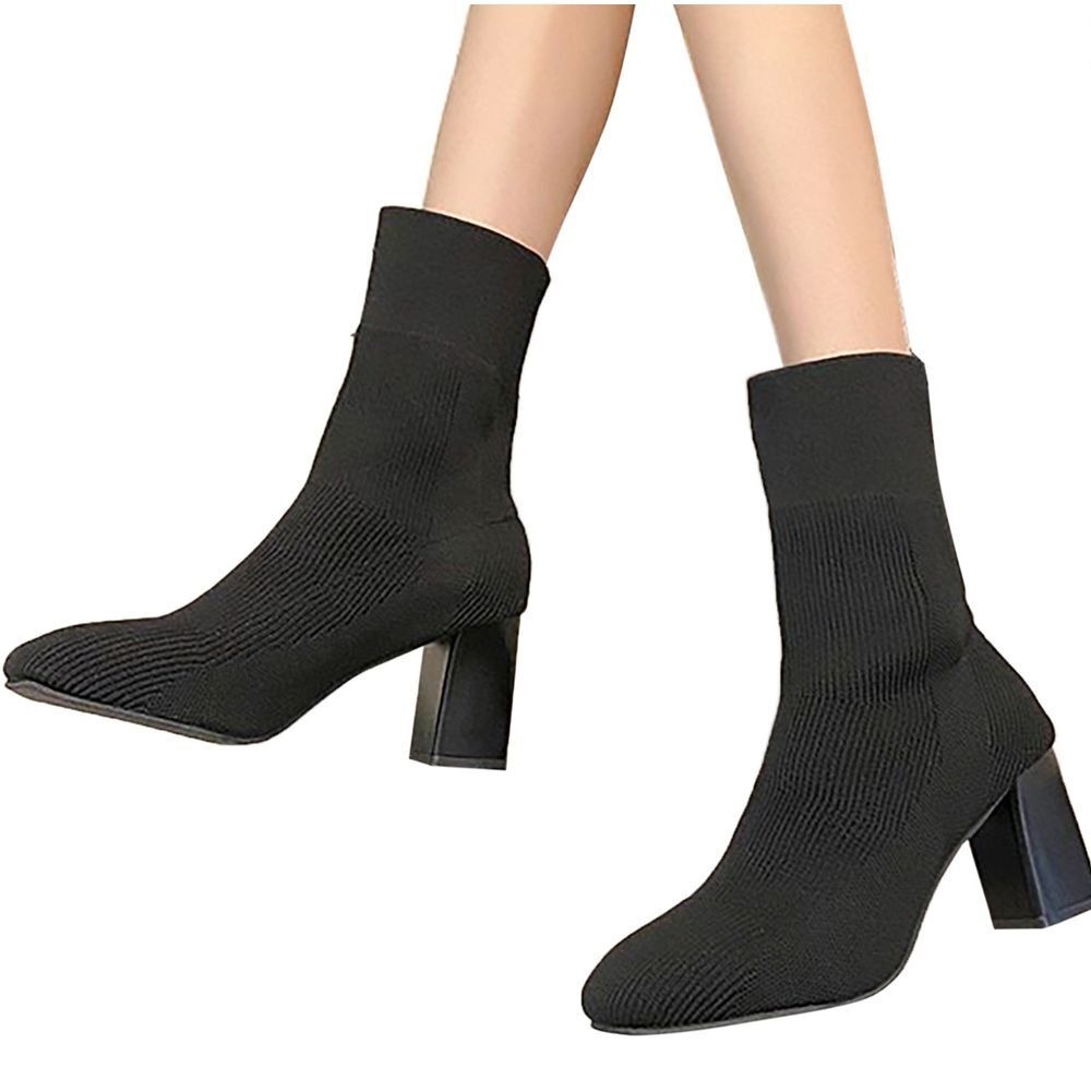 Trendy Black Knit Sock Boots Block Heel Ankle Booties Size US 8 Boutique new